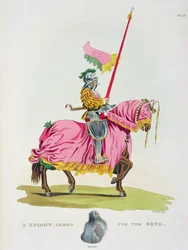 Ein Ritter bewaffnet für das Band, 1512, graviert von W. Maddocks, aus 